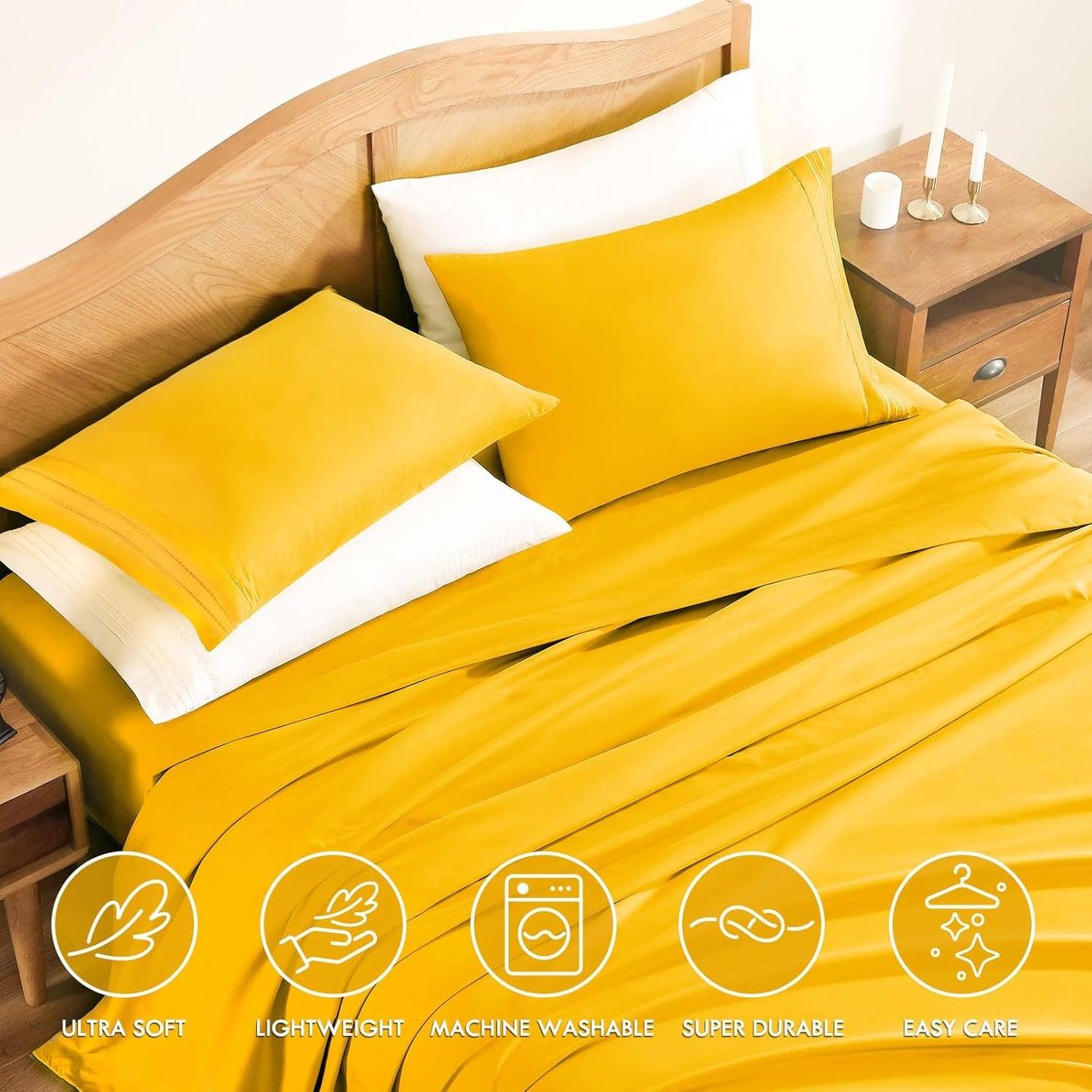 Queen Sheet Set, 4-Piece Bed Sheets for Queen Size Bed, Lightweight & Super Soft Easy Care Microfiber– Shrinkage & Fade Resistant Bedding Set with 14'' Deep Pockets (Mustard)