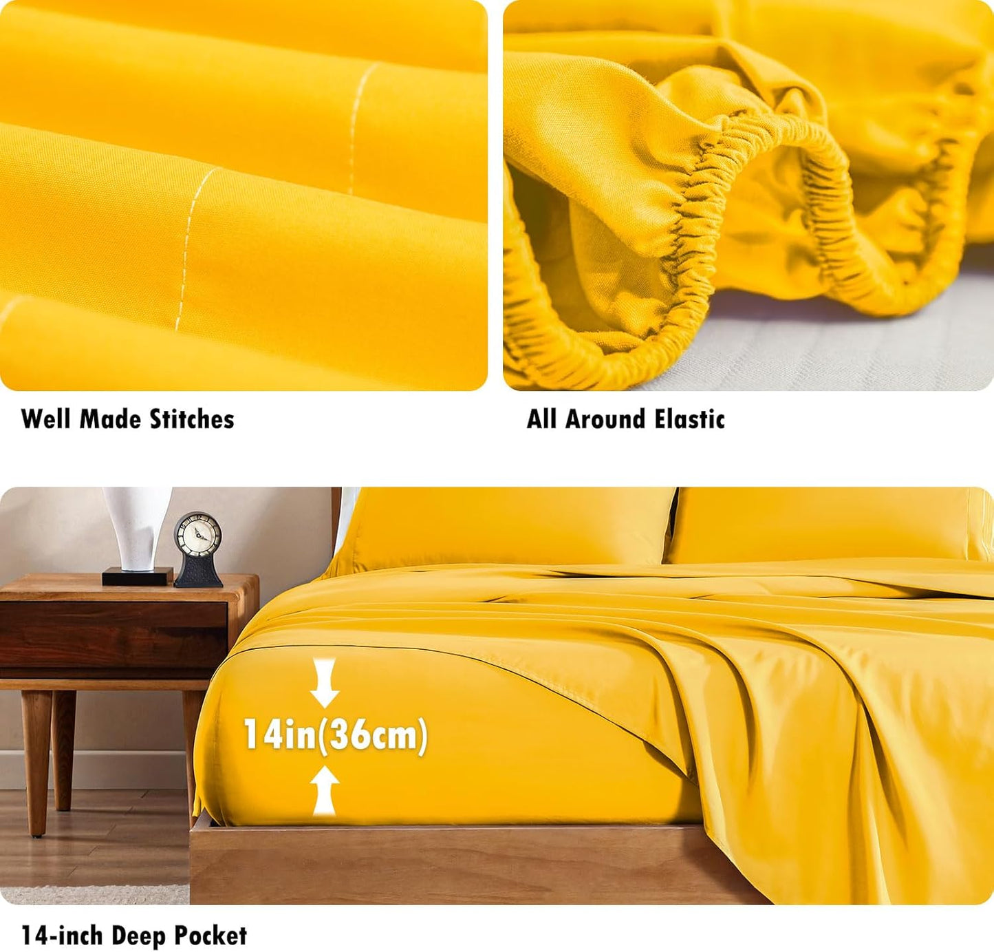 Queen Sheet Set, 4-Piece Bed Sheets for Queen Size Bed, Lightweight & Super Soft Easy Care Microfiber– Shrinkage & Fade Resistant Bedding Set with 14'' Deep Pockets (Mustard)