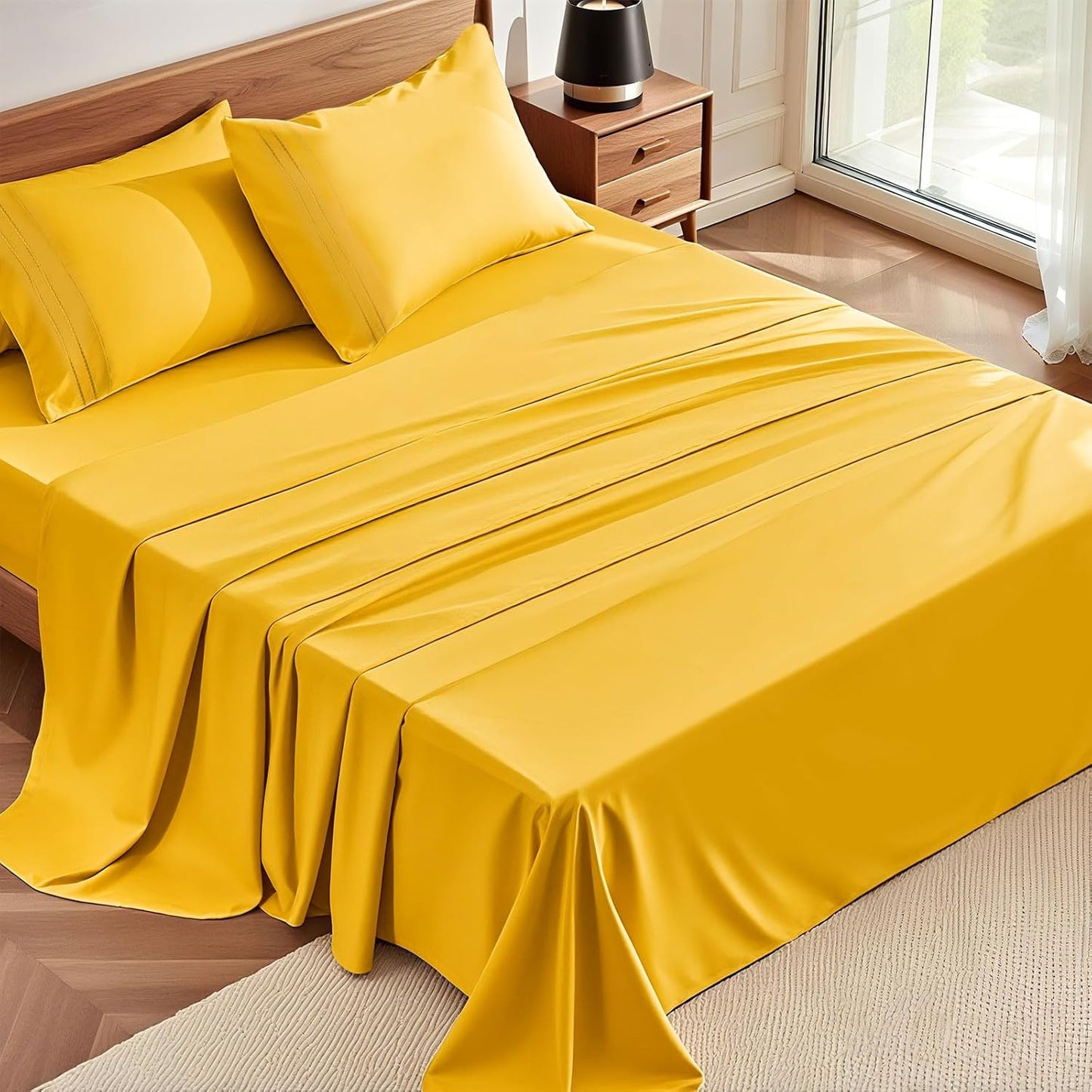 Queen Sheet Set, 4-Piece Bed Sheets for Queen Size Bed, Lightweight & Super Soft Easy Care Microfiber– Shrinkage & Fade Resistant Bedding Set with 14'' Deep Pockets (Mustard)