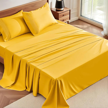 Queen Sheet Set, 4-Piece Bed Sheets for Queen Size Bed, Lightweight & Super Soft Easy Care Microfiber– Shrinkage & Fade Resistant Bedding Set with 14'' Deep Pockets (Mustard)