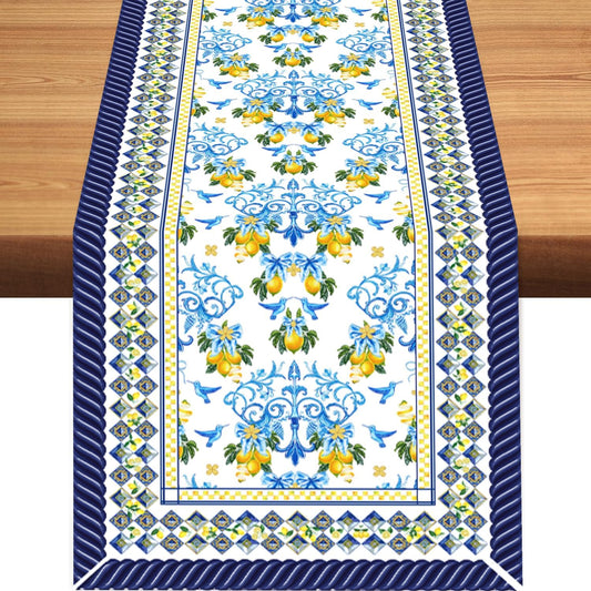 Mediterranean Lemon Table Runner, Vintage Nvavy Blue Tile Bird Floral Summer Fruit Yellow Table Decor for Home Kitchen Dining Patio Holiday Party Indoor Outdoor Table Decorations 13x36 inch