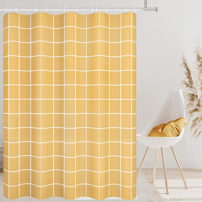 Net Yellow Grid Plaid Minimalist Shower Curtain, White Line Simple Modern Shower Curtain Sets Decoration 71x71 Inch with Hooks