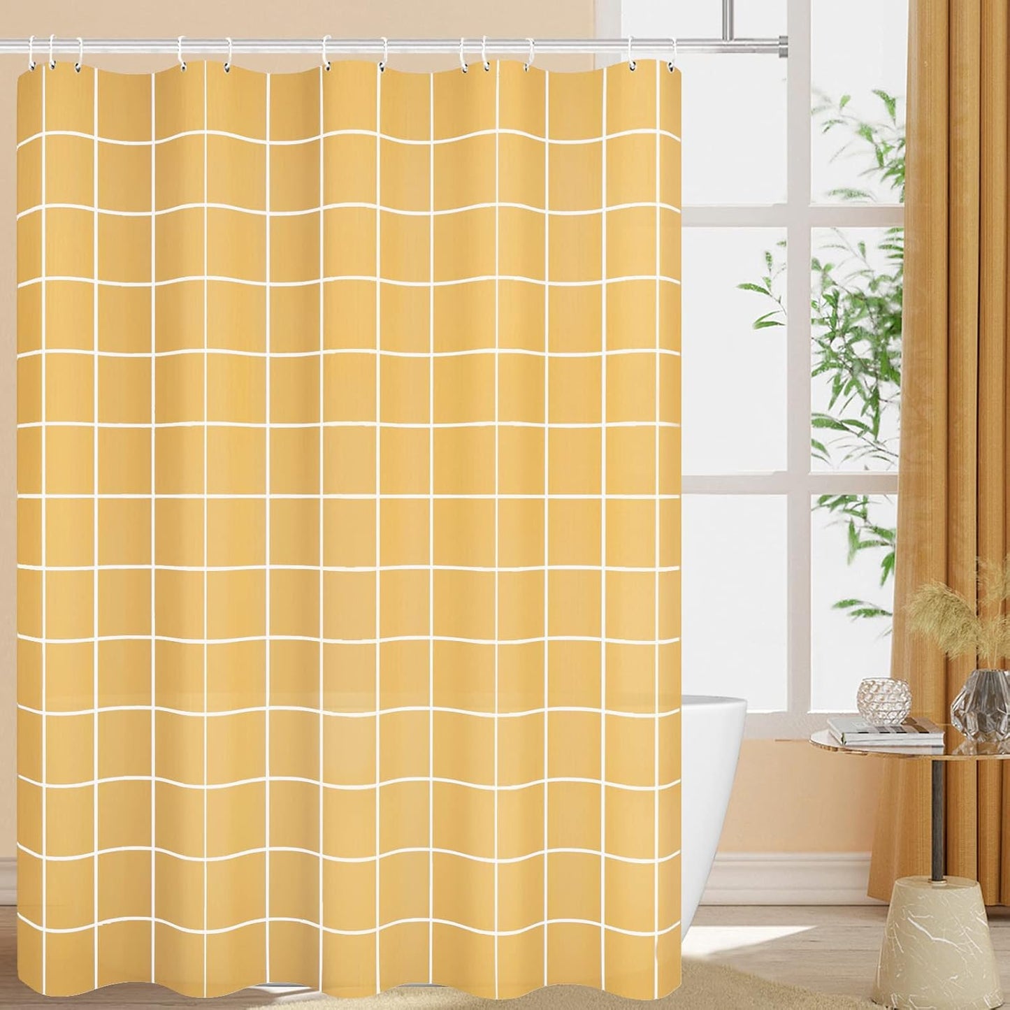 Net Yellow Grid Plaid Minimalist Shower Curtain, White Line Simple Modern Shower Curtain Sets Decoration 71x71 Inch with Hooks