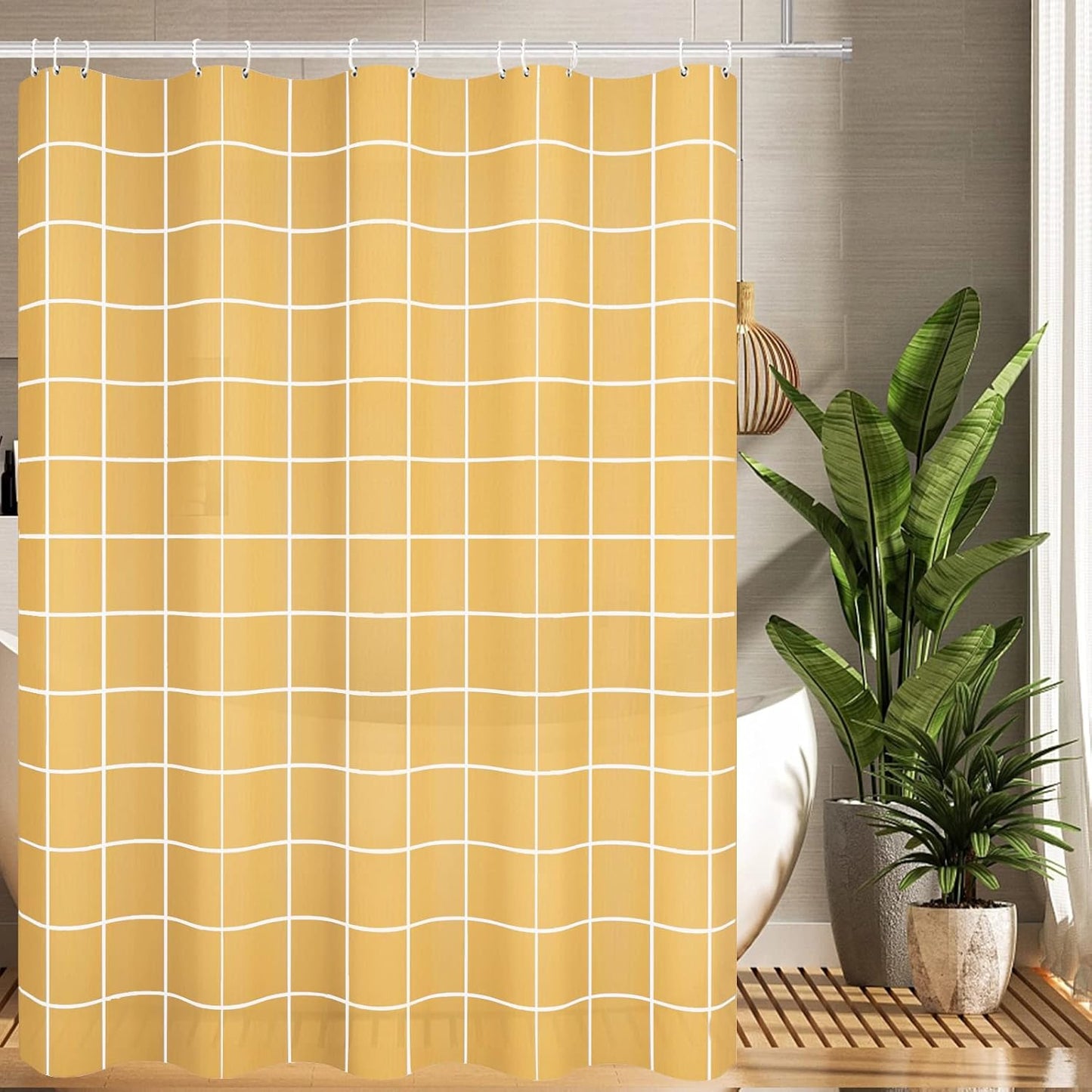Net Yellow Grid Plaid Minimalist Shower Curtain, White Line Simple Modern Shower Curtain Sets Decoration 71x71 Inch with Hooks