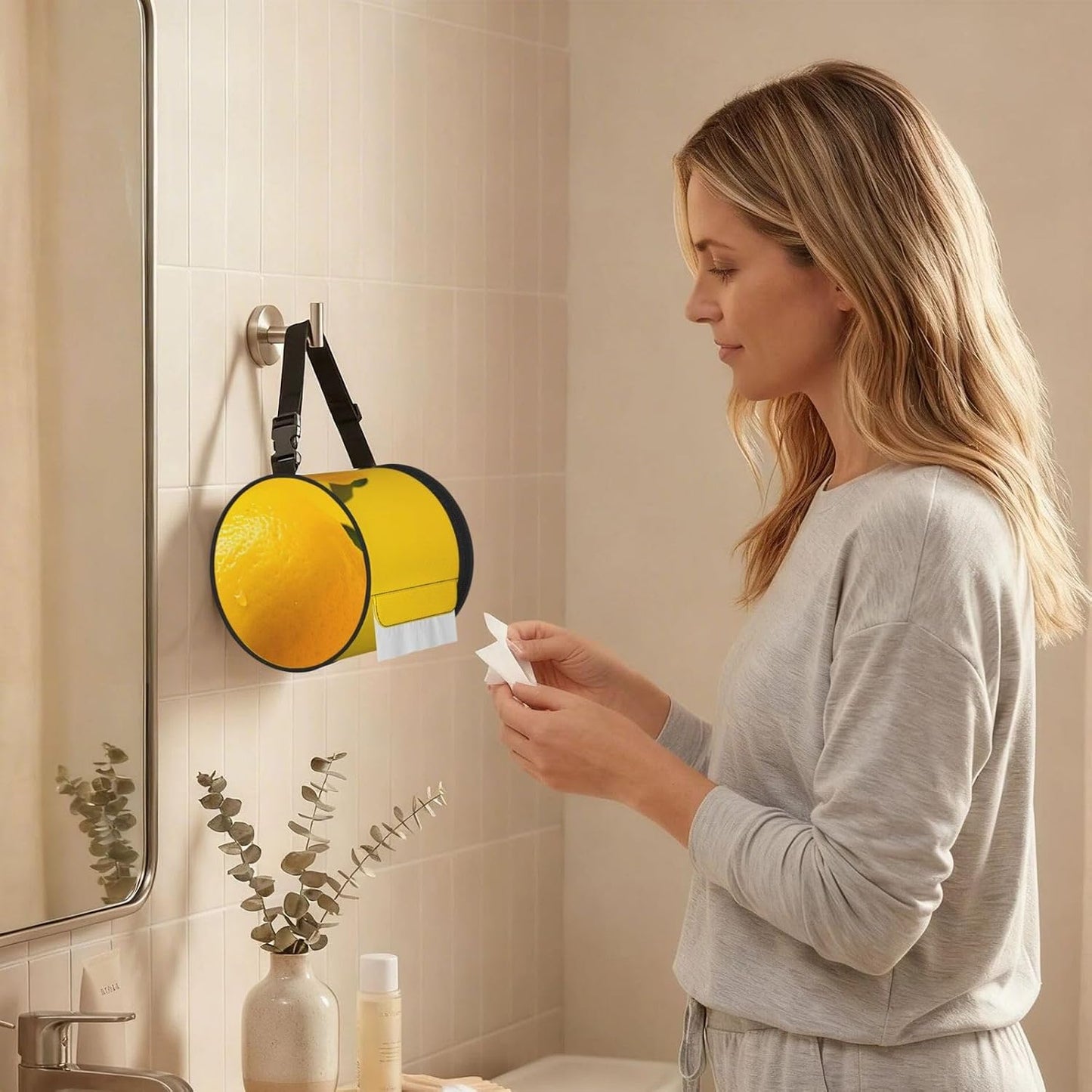 Lemon On Yellow Background Hanging Toilet Paper Holder Waterproof Tissue Holder Cat Proof Roll Paper Case Cover Portable Foldable Roll Storage Bag with Adjustable Strap for Travel Car Camping Outdoor