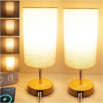 Bedside Lamps 2 Pack - 4 Way Dimmable Touch Nightstand Lamp with USB & Type-C Charging Port, Small Wood Base with Round Linen Fabric Shade for Bedroom, Living Room