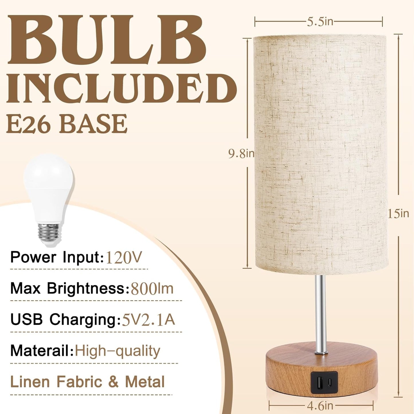 Bedside Lamps 2 Pack - 4 Way Dimmable Touch Nightstand Lamp with USB & Type-C Charging Port, Small Wood Base with Round Linen Fabric Shade for Bedroom, Living Room