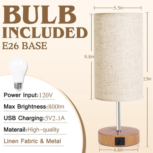 Bedside Lamps 2 Pack - 4 Way Dimmable Touch Nightstand Lamp with USB & Type-C Charging Port, Small Wood Base with Round Linen Fabric Shade for Bedroom, Living Room