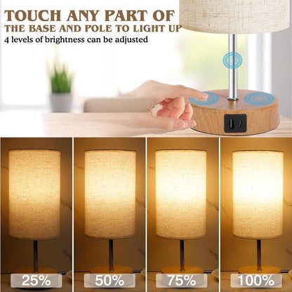 Bedside Lamps 2 Pack - 4 Way Dimmable Touch Nightstand Lamp with USB & Type-C Charging Port, Small Wood Base with Round Linen Fabric Shade for Bedroom, Living Room
