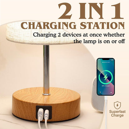 Bedside Lamps 2 Pack - 4 Way Dimmable Touch Nightstand Lamp with USB & Type-C Charging Port, Small Wood Base with Round Linen Fabric Shade for Bedroom, Living Room