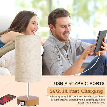 Bedside Lamps 2 Pack - 4 Way Dimmable Touch Nightstand Lamp with USB & Type-C Charging Port, Small Wood Base with Round Linen Fabric Shade for Bedroom, Living Room