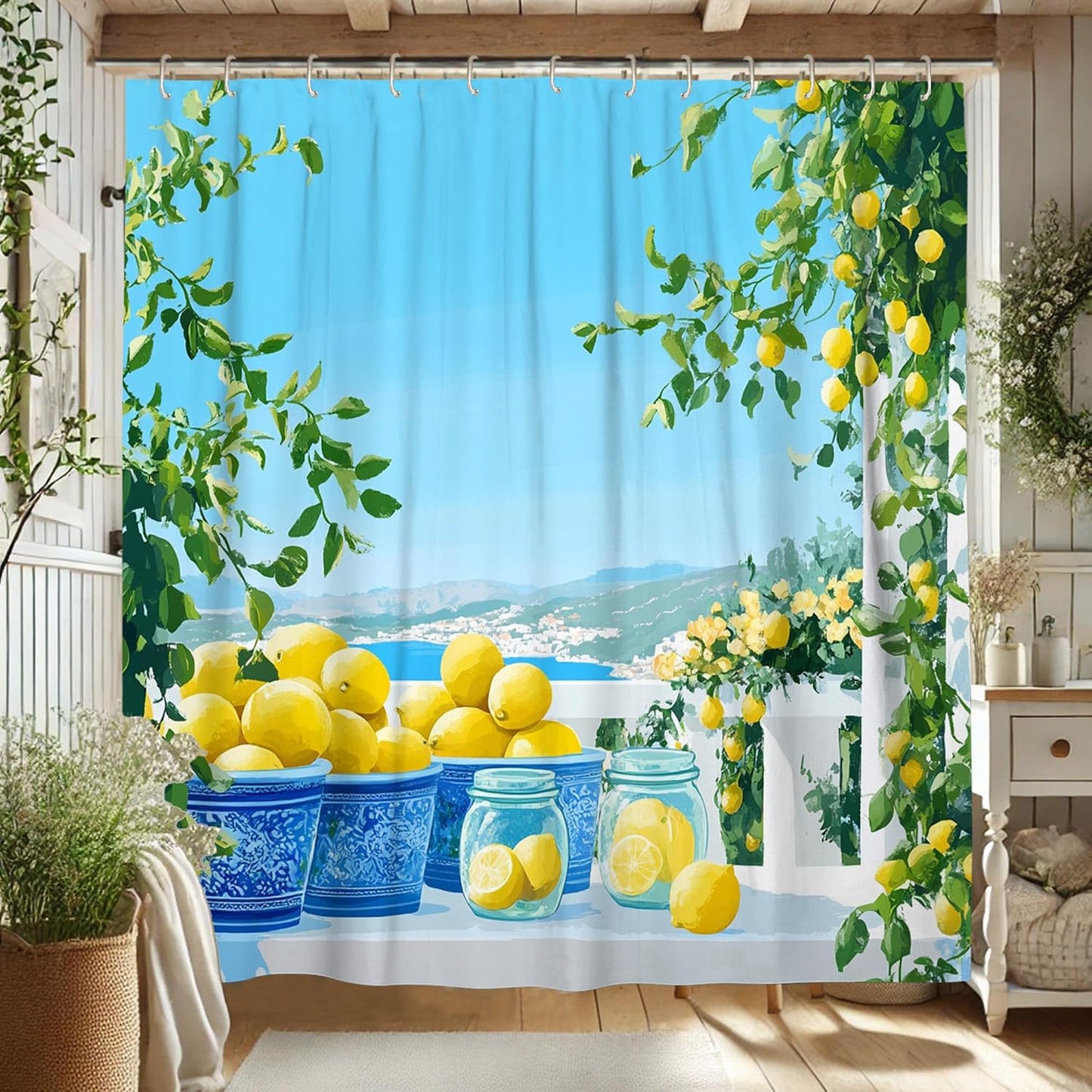 Lemon Shower Curtain, Bright Yellow Fruit Bath Curtain for Summer Decor, Tropical Modern Waterproof Fabric Shower Curtain Set with Hooks, Kitchen Bathroom Accessory 62x72 Inch
