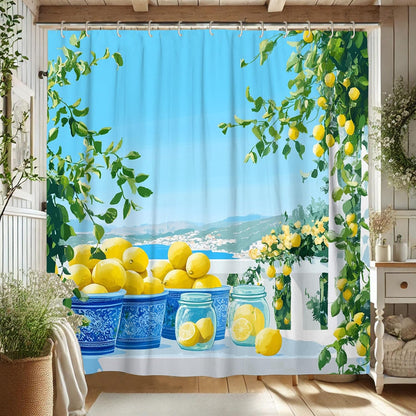 Lemon Shower Curtain, Bright Yellow Fruit Bath Curtain for Summer Decor, Tropical Modern Waterproof Fabric Shower Curtain Set with Hooks, Kitchen Bathroom Accessory 62x72 Inch
