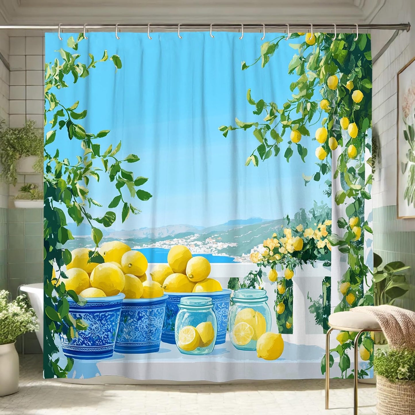 Lemon Shower Curtain, Bright Yellow Fruit Bath Curtain for Summer Decor, Tropical Modern Waterproof Fabric Shower Curtain Set with Hooks, Kitchen Bathroom Accessory 62x72 Inch