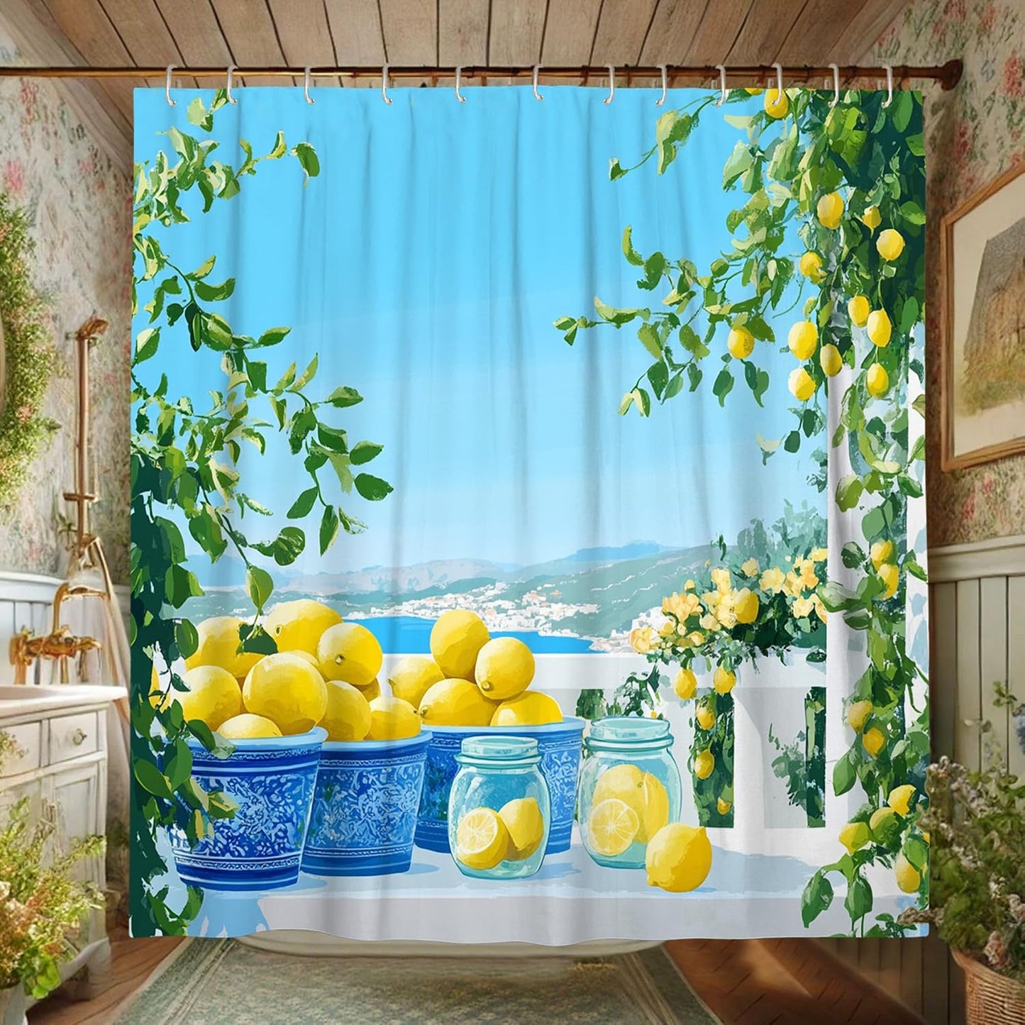 Lemon Shower Curtain, Bright Yellow Fruit Bath Curtain for Summer Decor, Tropical Modern Waterproof Fabric Shower Curtain Set with Hooks, Kitchen Bathroom Accessory 62x72 Inch