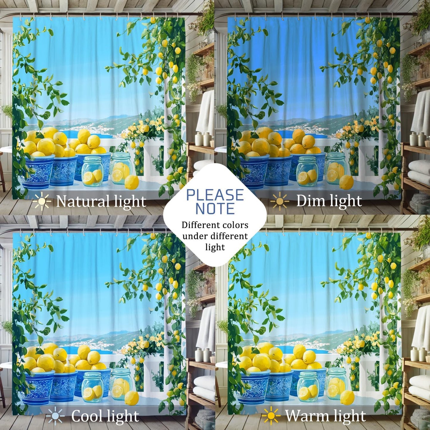 Lemon Shower Curtain, Bright Yellow Fruit Bath Curtain for Summer Decor, Tropical Modern Waterproof Fabric Shower Curtain Set with Hooks, Kitchen Bathroom Accessory 62x72 Inch