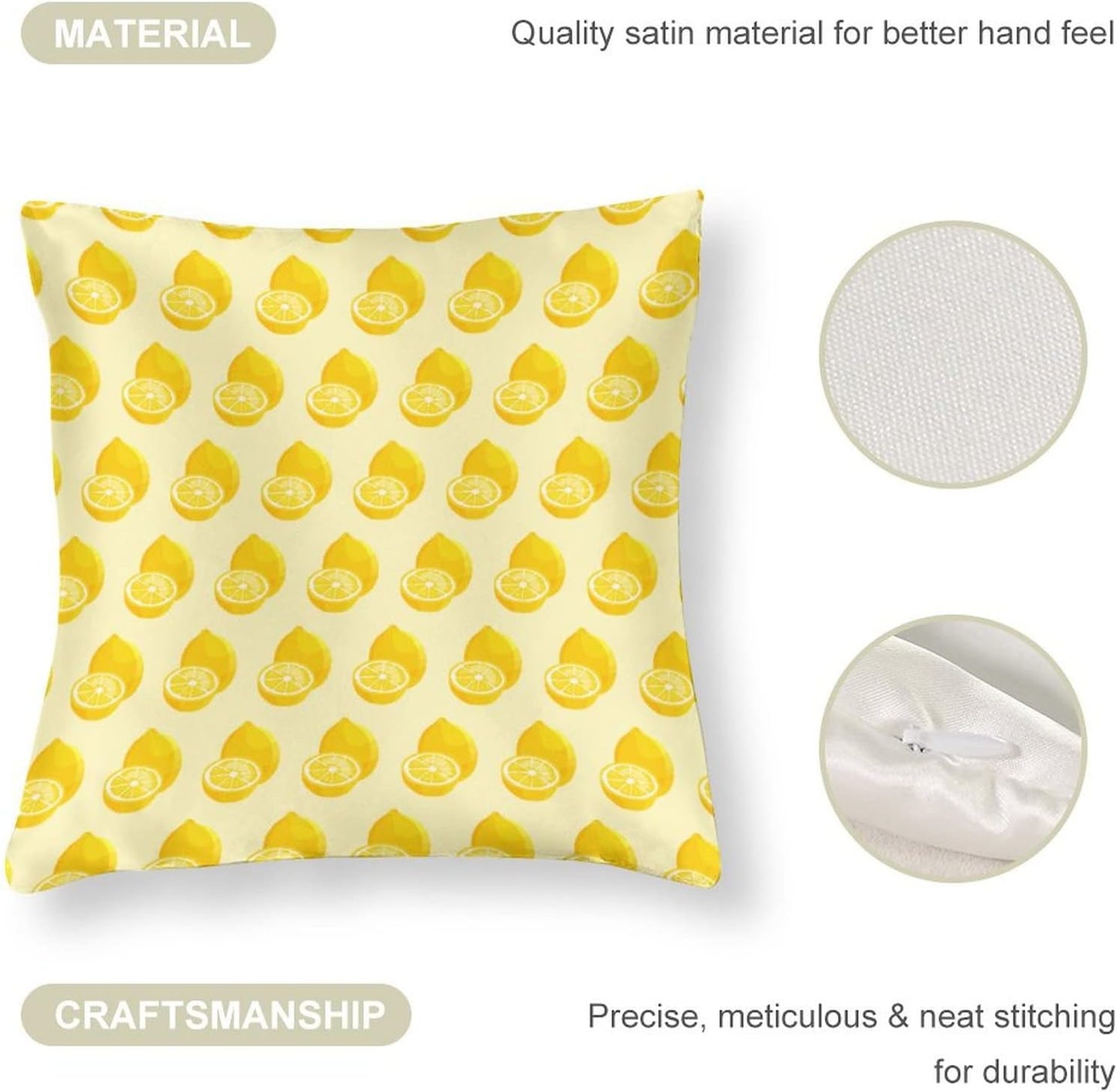 Yellow Sweet Lemon Satin Square Throw Pillow Covers Summer Lemon Throw Pillow Cover Square Hidden Zipper 16"x16" Outdoor Pillow Covers Home Decor Throw Pillows Cover Cooling Pillow case