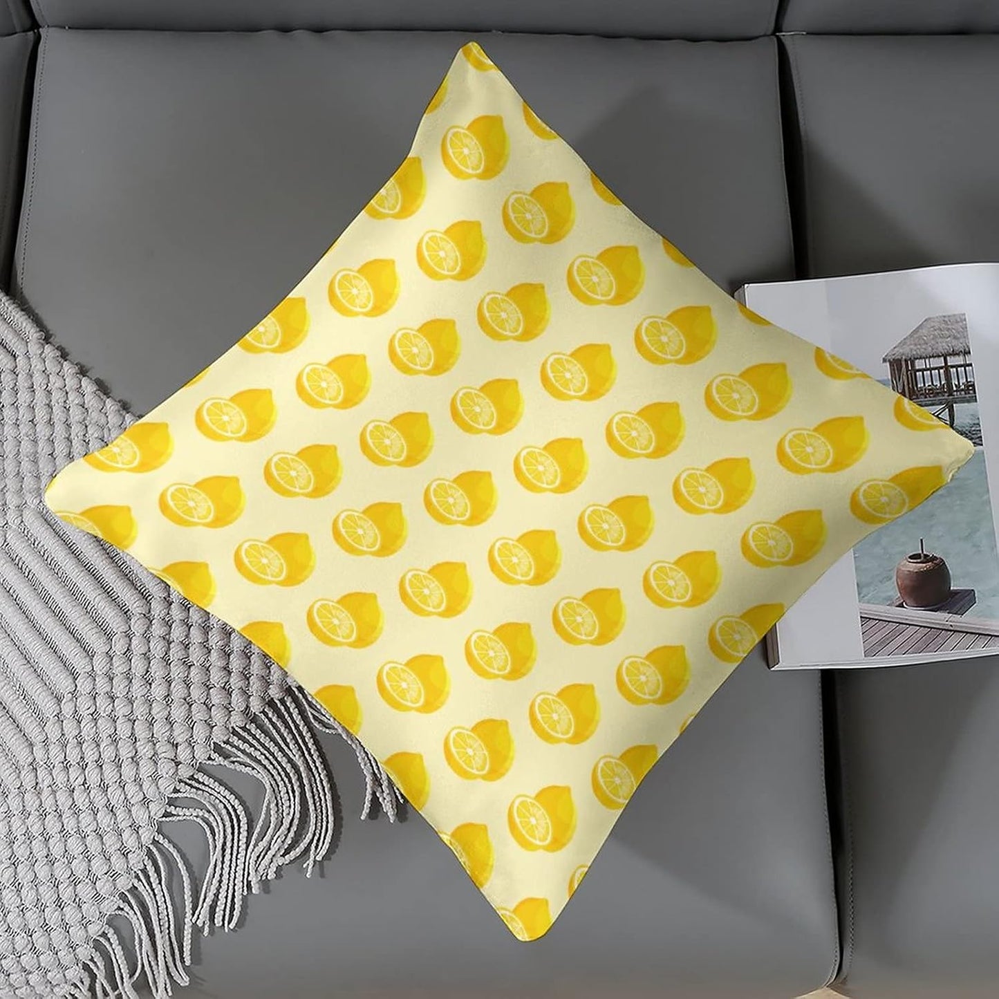 Yellow Sweet Lemon Satin Square Throw Pillow Covers Summer Lemon Throw Pillow Cover Square Hidden Zipper 16"x16" Outdoor Pillow Covers Home Decor Throw Pillows Cover Cooling Pillow case
