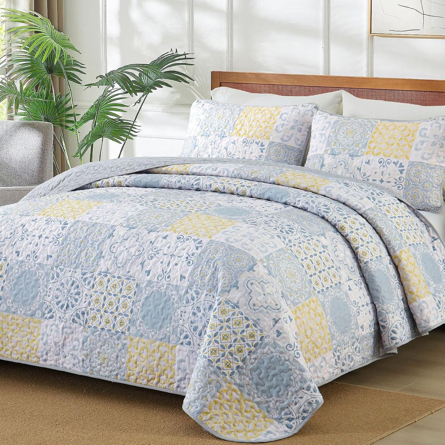 Queen Quilt Set 3 Pieces, Blue/Yellow/Grey Patchwork Bedspreads, Boho Summer Coverlet Set, Soft Lightweight Microfiber Bedding Set for All Seasons 96"x90"