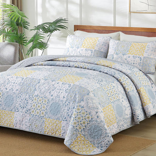 Queen Quilt Set 3 Pieces, Blue/Yellow/Grey Patchwork Bedspreads, Boho Summer Coverlet Set, Soft Lightweight Microfiber Bedding Set for All Seasons 96"x90"