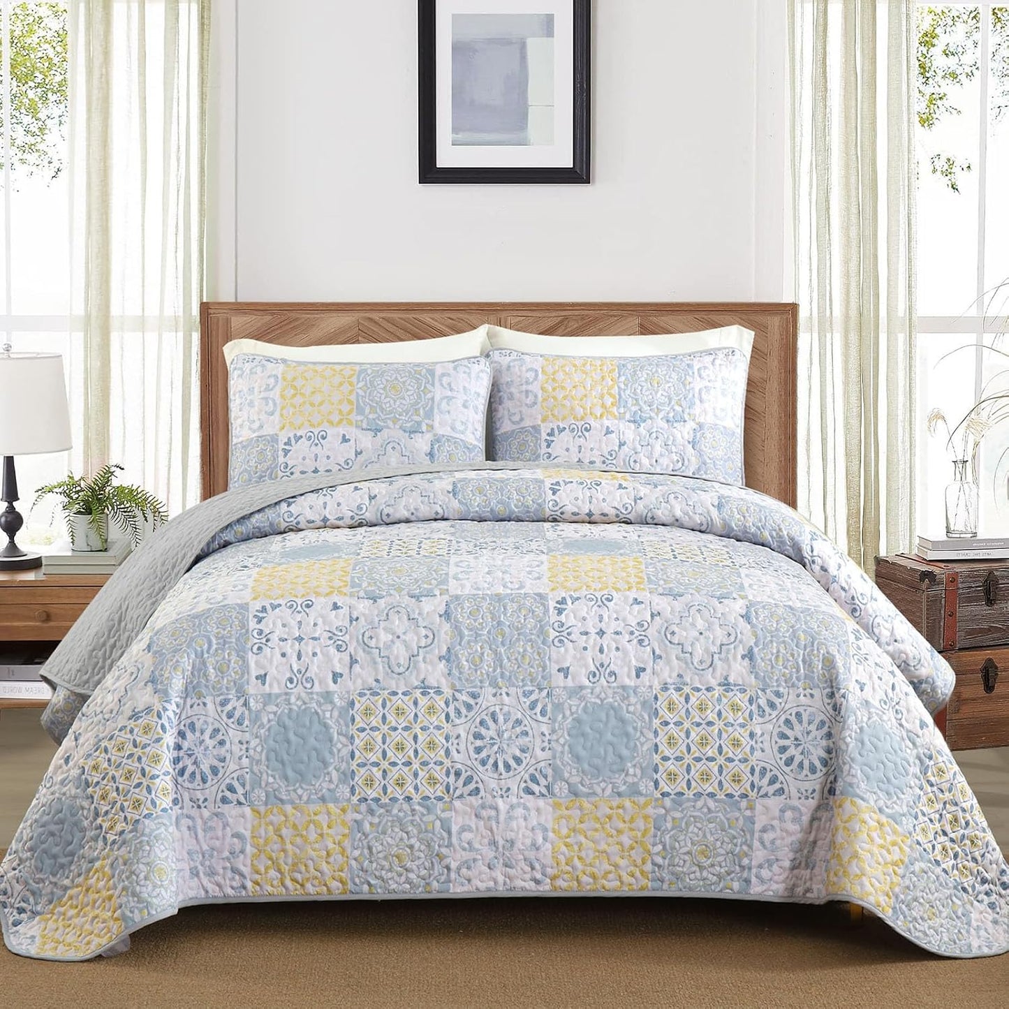 Queen Quilt Set 3 Pieces, Blue/Yellow/Grey Patchwork Bedspreads, Boho Summer Coverlet Set, Soft Lightweight Microfiber Bedding Set for All Seasons 96"x90"