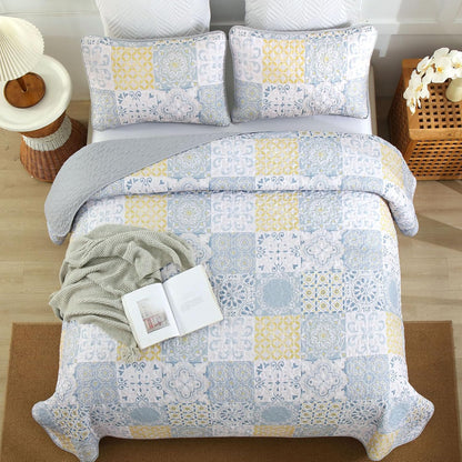 Queen Quilt Set 3 Pieces, Blue/Yellow/Grey Patchwork Bedspreads, Boho Summer Coverlet Set, Soft Lightweight Microfiber Bedding Set for All Seasons 96"x90"