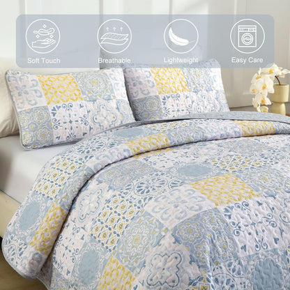 Queen Quilt Set 3 Pieces, Blue/Yellow/Grey Patchwork Bedspreads, Boho Summer Coverlet Set, Soft Lightweight Microfiber Bedding Set for All Seasons 96"x90"