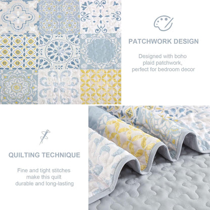 Queen Quilt Set 3 Pieces, Blue/Yellow/Grey Patchwork Bedspreads, Boho Summer Coverlet Set, Soft Lightweight Microfiber Bedding Set for All Seasons 96"x90"