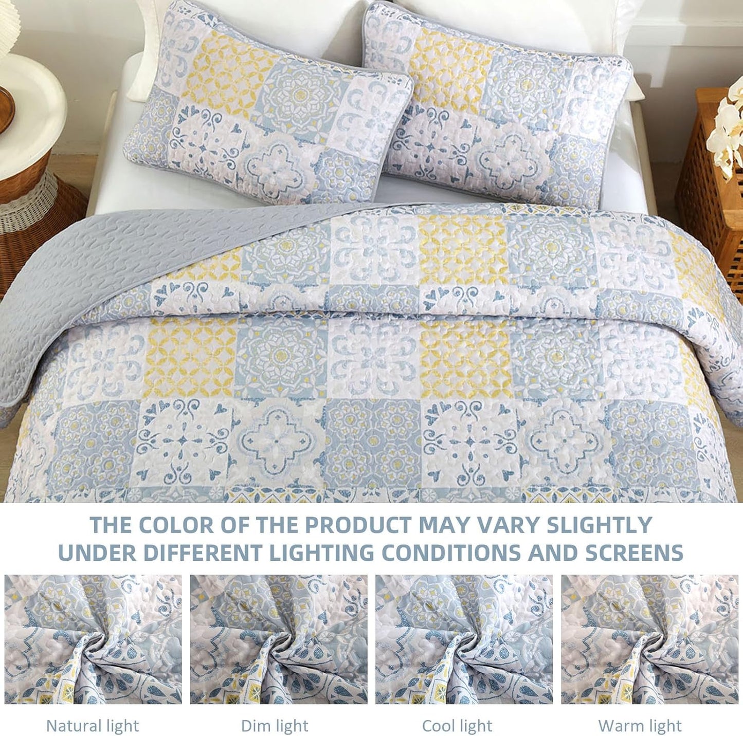 Queen Quilt Set 3 Pieces, Blue/Yellow/Grey Patchwork Bedspreads, Boho Summer Coverlet Set, Soft Lightweight Microfiber Bedding Set for All Seasons 96"x90"