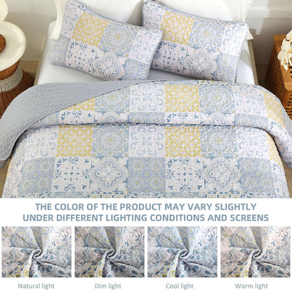 Queen Quilt Set 3 Pieces, Blue/Yellow/Grey Patchwork Bedspreads, Boho Summer Coverlet Set, Soft Lightweight Microfiber Bedding Set for All Seasons 96"x90"