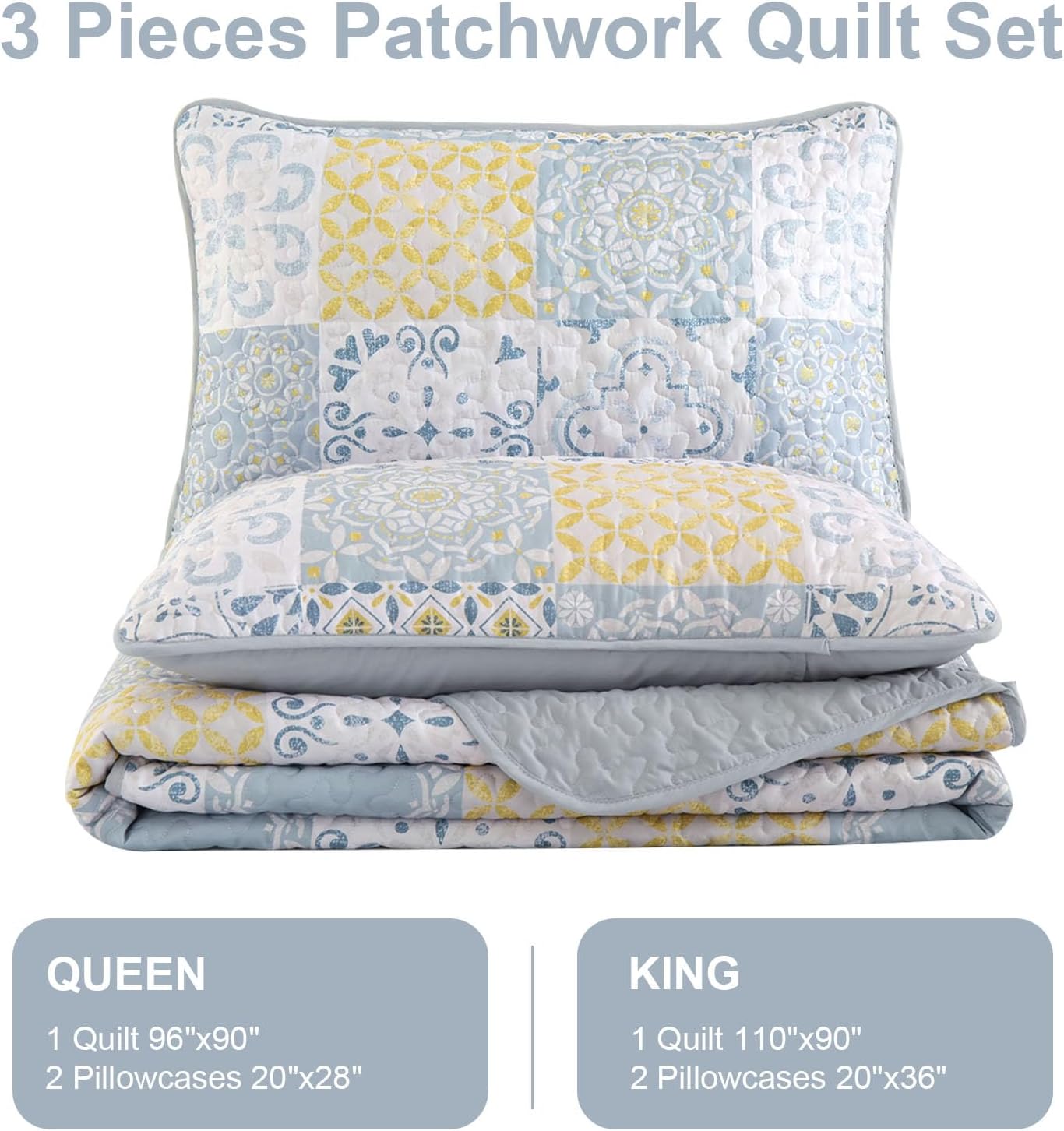 Queen Quilt Set 3 Pieces, Blue/Yellow/Grey Patchwork Bedspreads, Boho Summer Coverlet Set, Soft Lightweight Microfiber Bedding Set for All Seasons 96"x90"
