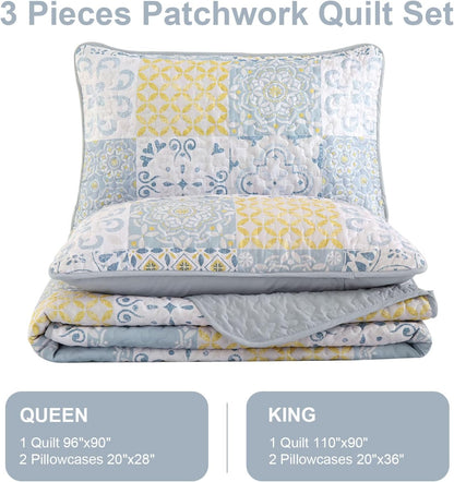 Queen Quilt Set 3 Pieces, Blue/Yellow/Grey Patchwork Bedspreads, Boho Summer Coverlet Set, Soft Lightweight Microfiber Bedding Set for All Seasons 96"x90"