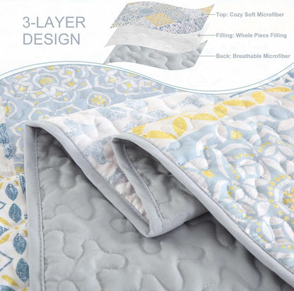 Queen Quilt Set 3 Pieces, Blue/Yellow/Grey Patchwork Bedspreads, Boho Summer Coverlet Set, Soft Lightweight Microfiber Bedding Set for All Seasons 96"x90"