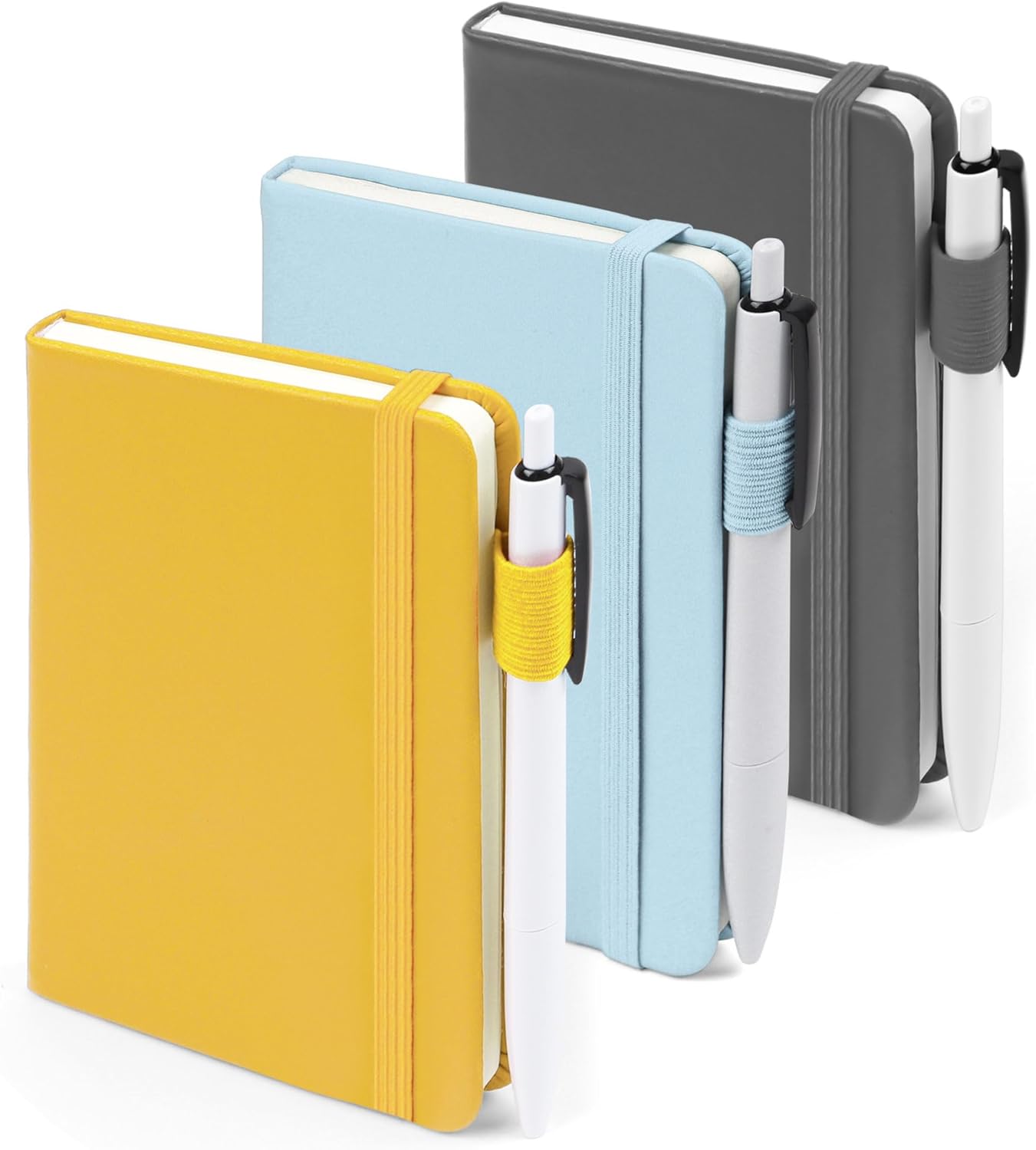 Pocket Notebook Journals, Mini Cute Small Hardcover College Ruled Notepad Office School Supplies, with 3 Black Pens, 3.5”x 5.5”, 3 Pack, A6, Solid Colors, Gray, Yellow, Light Blue