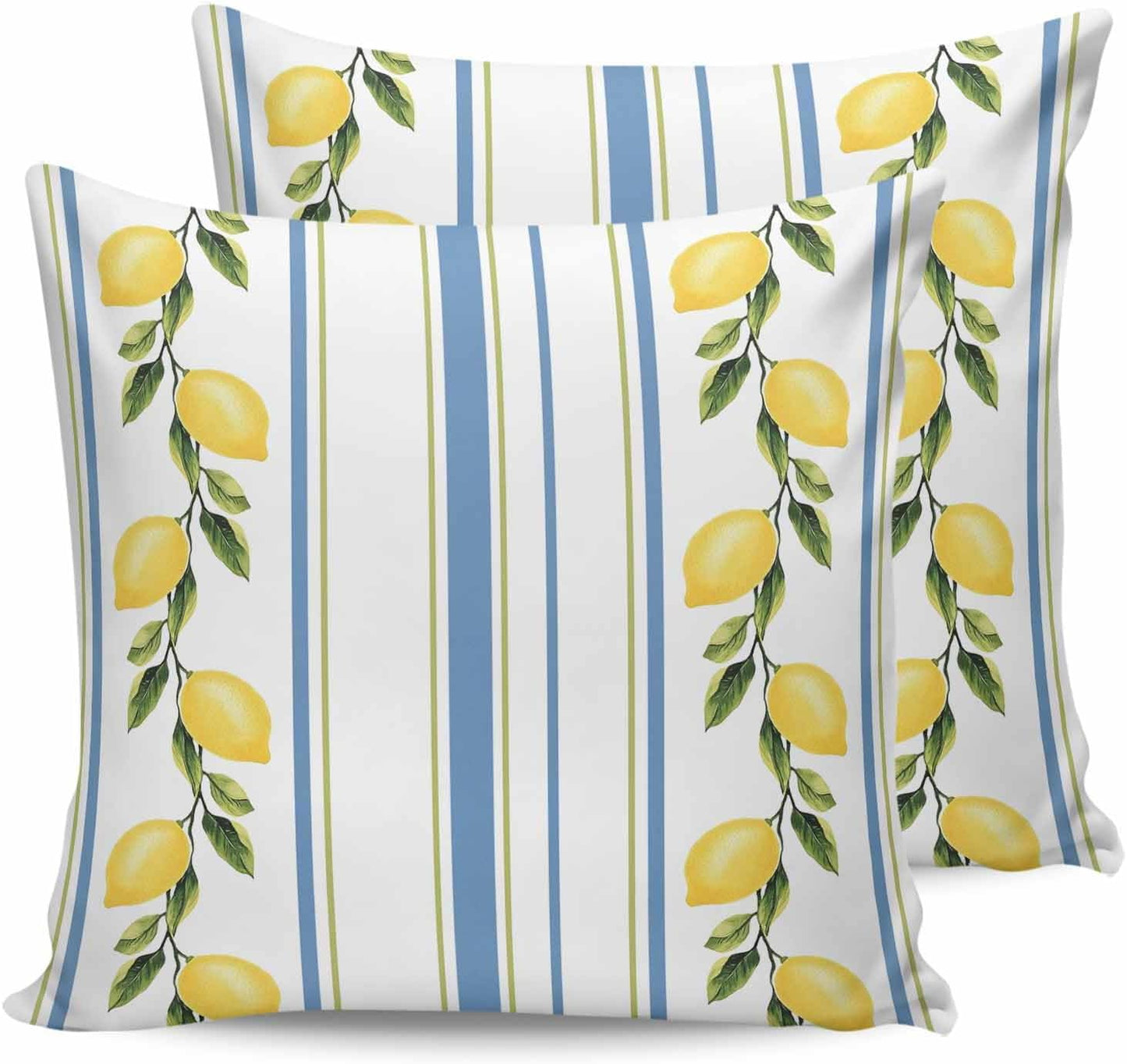 Lemon Striped 2PCS Throw Pillow Covers for Couch Sofa Bed, Yellow Fruit Blue White Pillow Covers 18x18 inch, Standard Pillowcases Set Decorative Cushion Covers for Living Room Bedroom