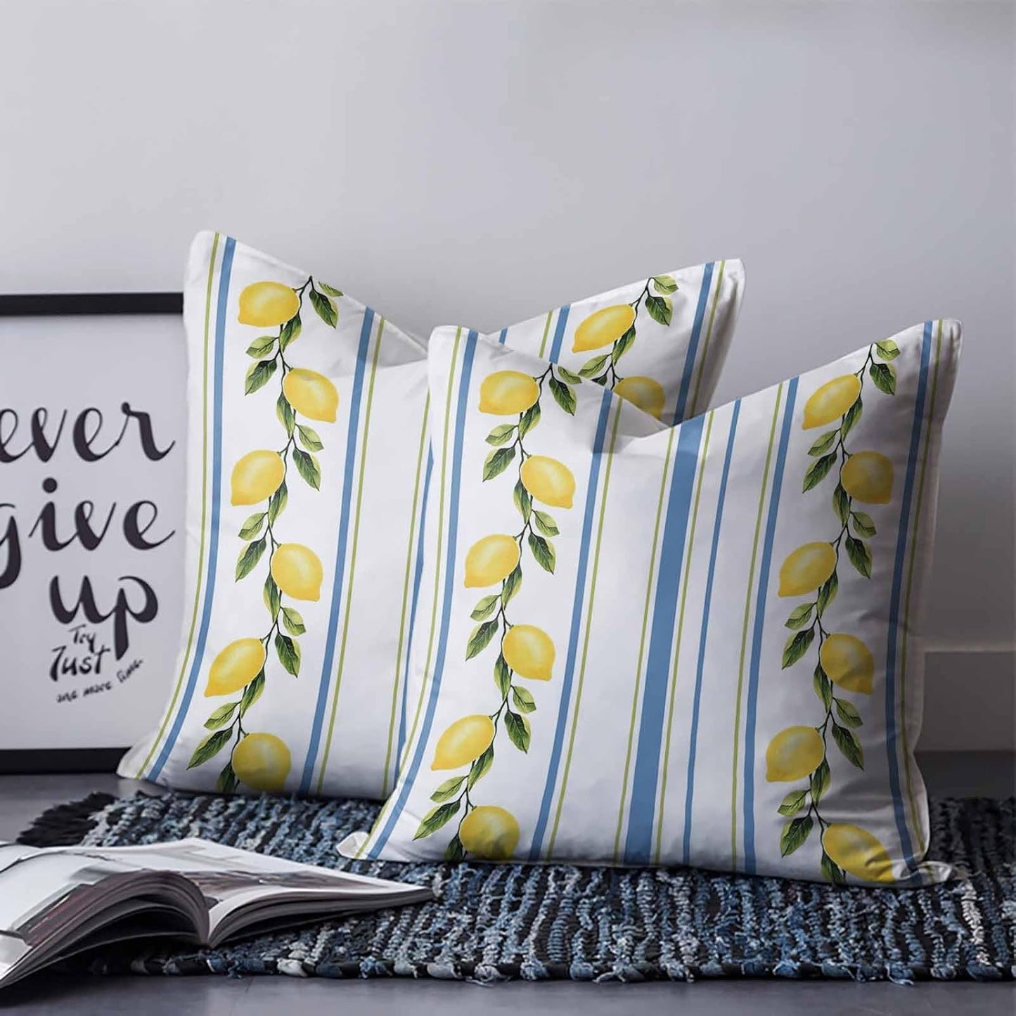 Lemon Striped 2PCS Throw Pillow Covers for Couch Sofa Bed, Yellow Fruit Blue White Pillow Covers 18x18 inch, Standard Pillowcases Set Decorative Cushion Covers for Living Room Bedroom