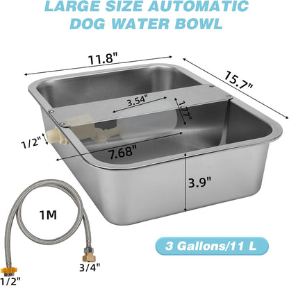 3 Gallon Dog Water Bowl Dispenser, Auto Fill Stainless Steel Bowl | Auto-Refill Float Valve, Stainless Steel Bowl, Fits 3/4 in GHT Faucet, Outdoor Use, Easy to Clean, Dogs, Cats and Chickens