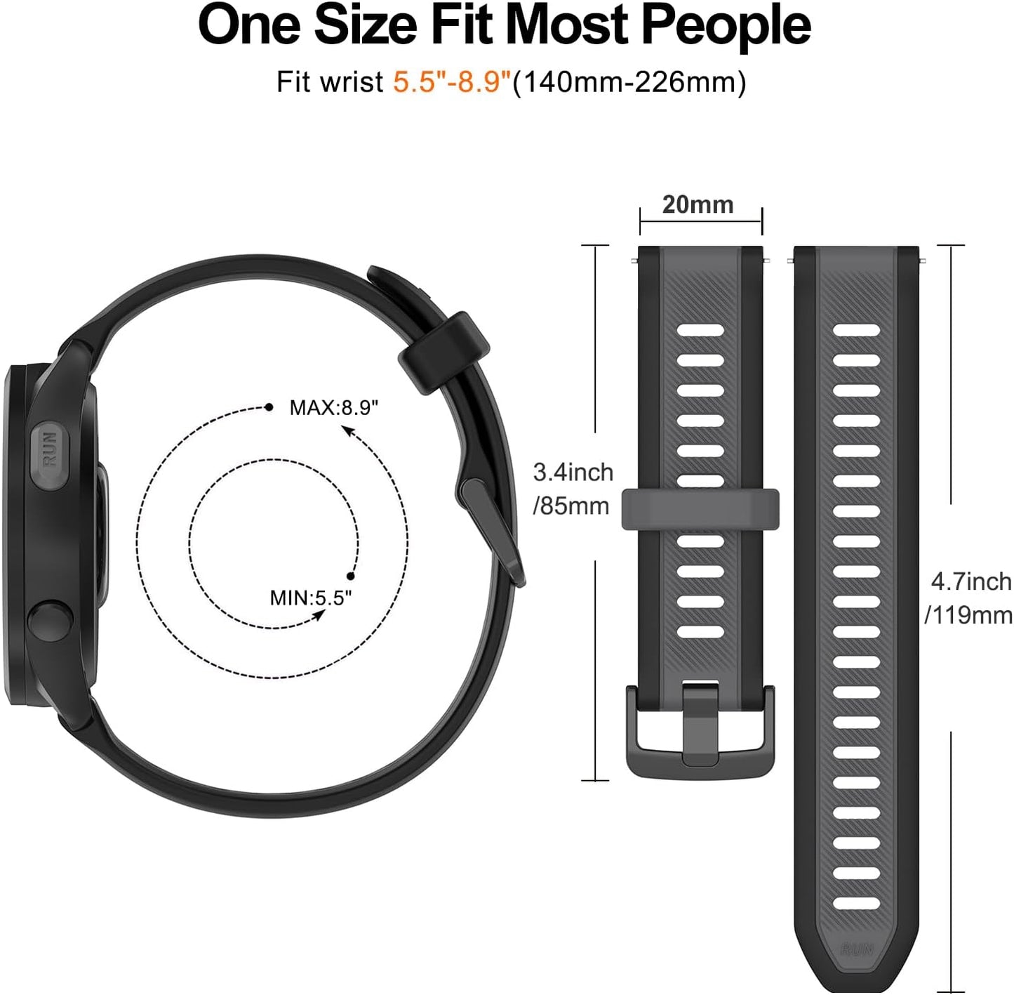 for Garmin Forerunner 165 Watch Band, Silicone Replacement Bands for Garmin Forerunner 55 165 168 245 570 645 /Vivoactive 6 5 3 Music Smartwatch