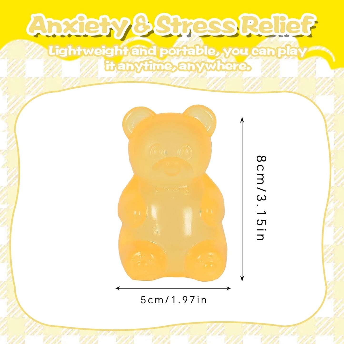 Bear Squishy Toy for Kids Ages 3+ & Adults, Slow Rising Gummy Bear Squeeze Toy, Soft High-Density Foam Sensory Bear for Desk, Classroom, Home & Office(Yellow)