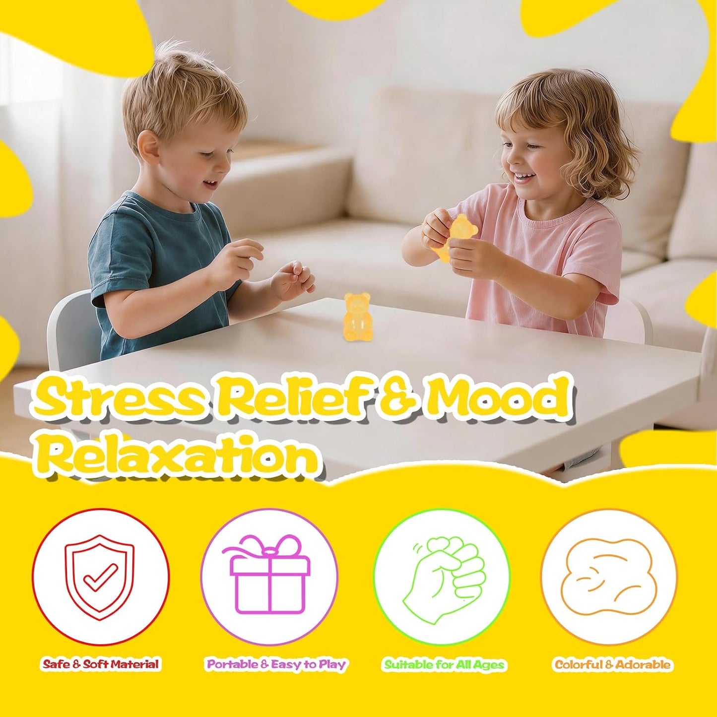 Bear Squishy Toy for Kids Ages 3+ & Adults, Slow Rising Gummy Bear Squeeze Toy, Soft High-Density Foam Sensory Bear for Desk, Classroom, Home & Office(Yellow)