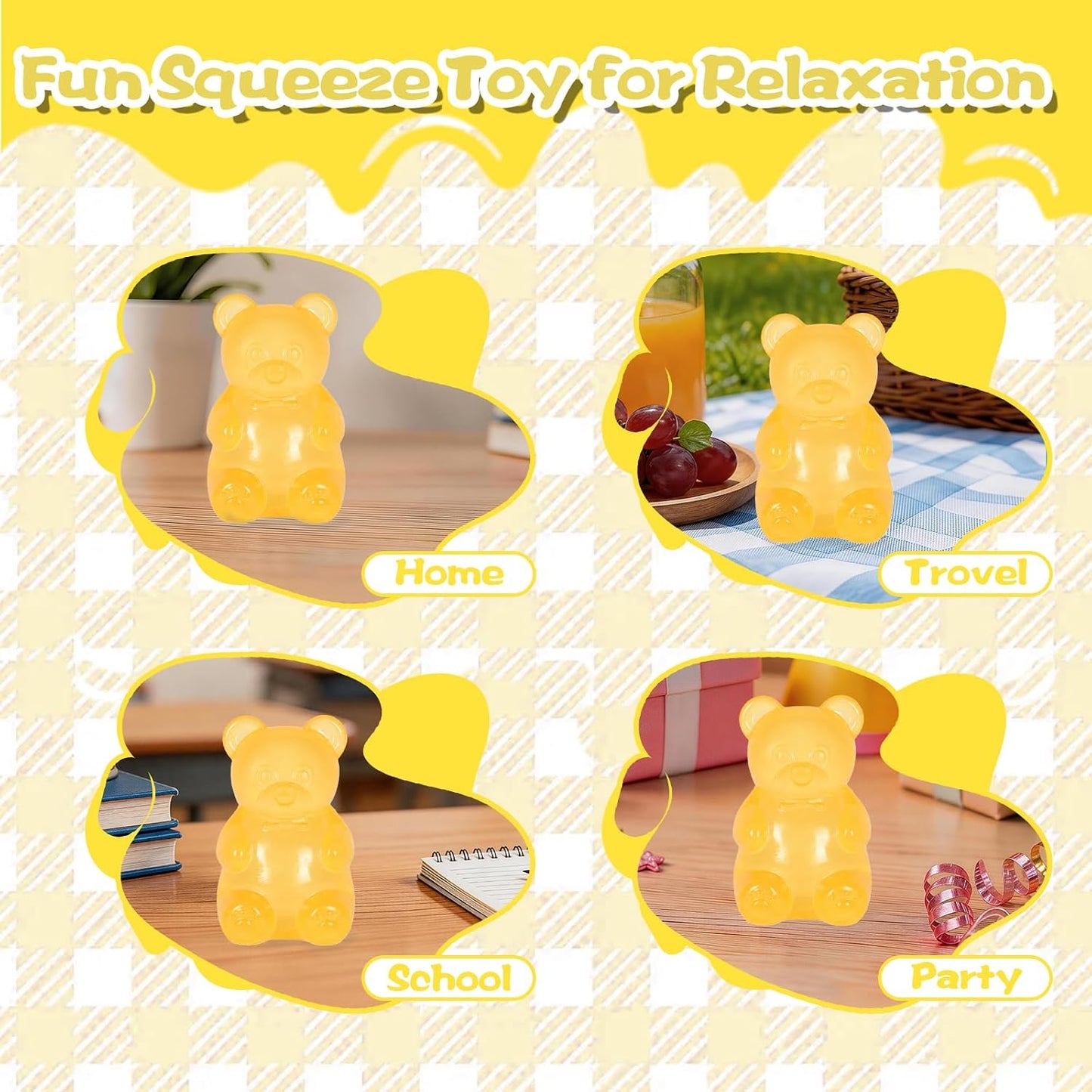 Bear Squishy Toy for Kids Ages 3+ & Adults, Slow Rising Gummy Bear Squeeze Toy, Soft High-Density Foam Sensory Bear for Desk, Classroom, Home & Office(Yellow)
