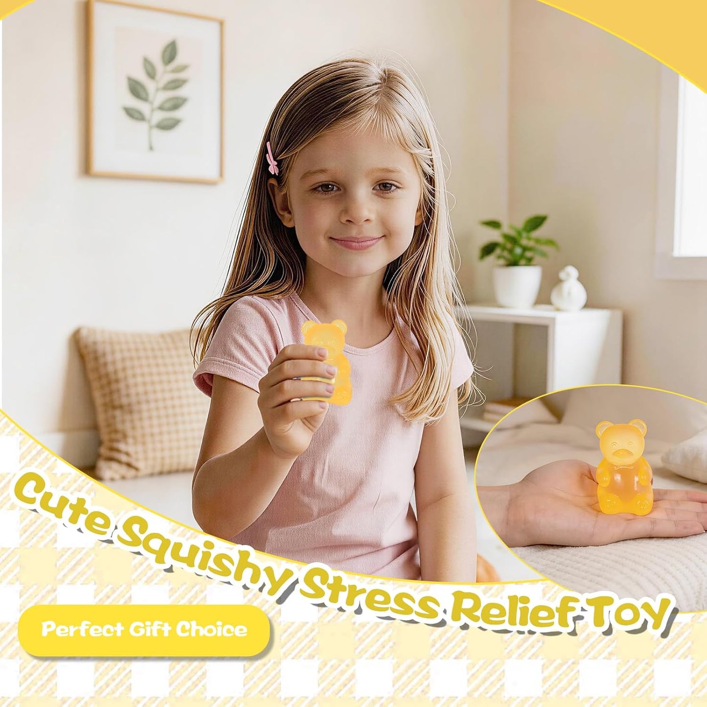 Bear Squishy Toy for Kids Ages 3+ & Adults, Slow Rising Gummy Bear Squeeze Toy, Soft High-Density Foam Sensory Bear for Desk, Classroom, Home & Office(Yellow)