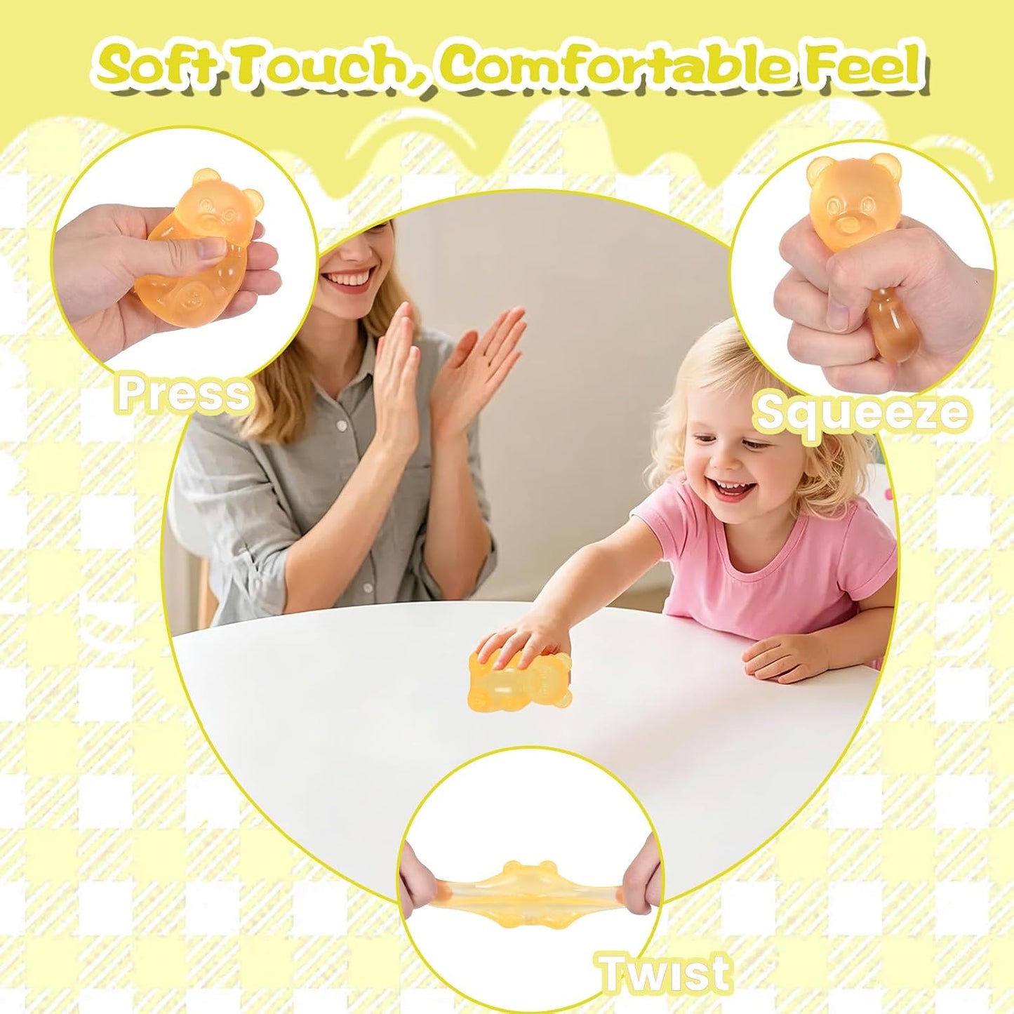 Bear Squishy Toy for Kids Ages 3+ & Adults, Slow Rising Gummy Bear Squeeze Toy, Soft High-Density Foam Sensory Bear for Desk, Classroom, Home & Office(Yellow)