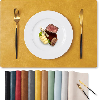 Vinyl Placemats Set of 4-12 X 17 Inch - Faux Leather 100% Waterproof Oil-Proof Wipeable PU Place Mats, Heat Resistant Reversible Table Mats for Kitchen, Dining, Outdoor, Yellow