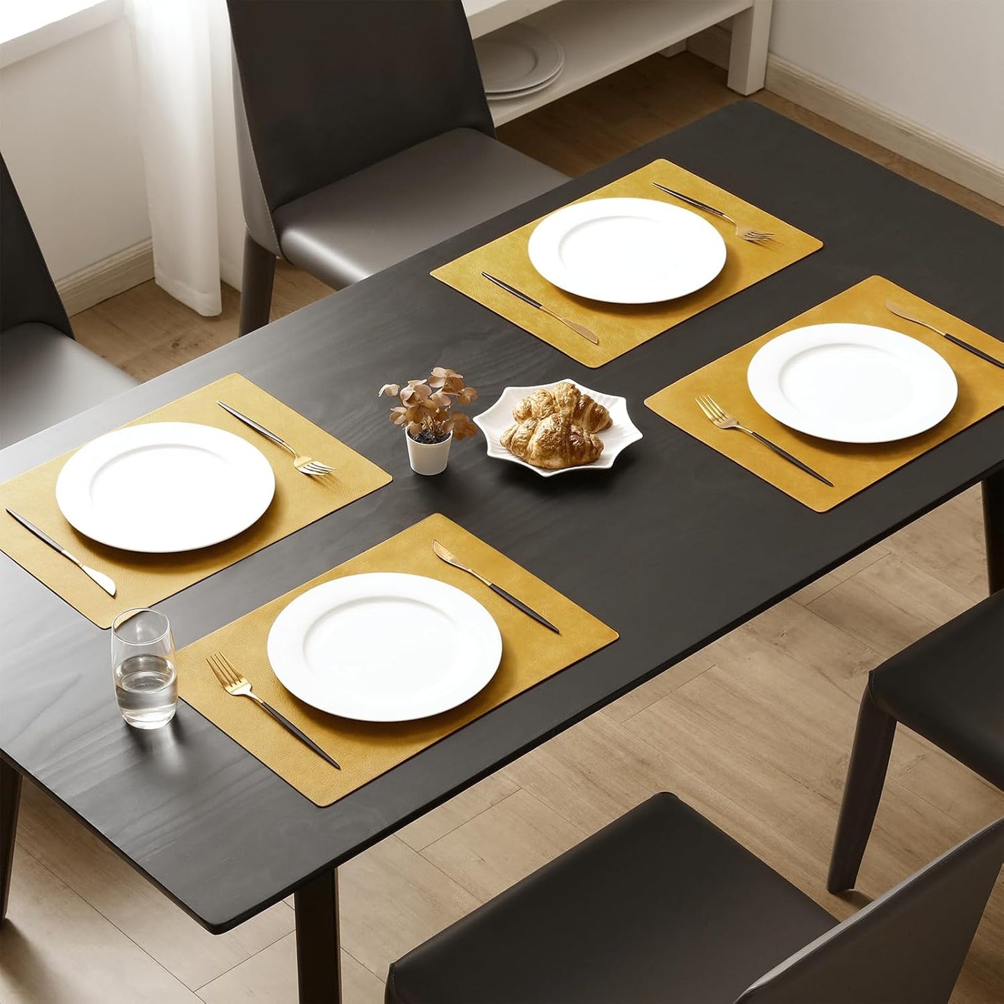 Vinyl Placemats Set of 4-12 X 17 Inch - Faux Leather 100% Waterproof Oil-Proof Wipeable PU Place Mats, Heat Resistant Reversible Table Mats for Kitchen, Dining, Outdoor, Yellow