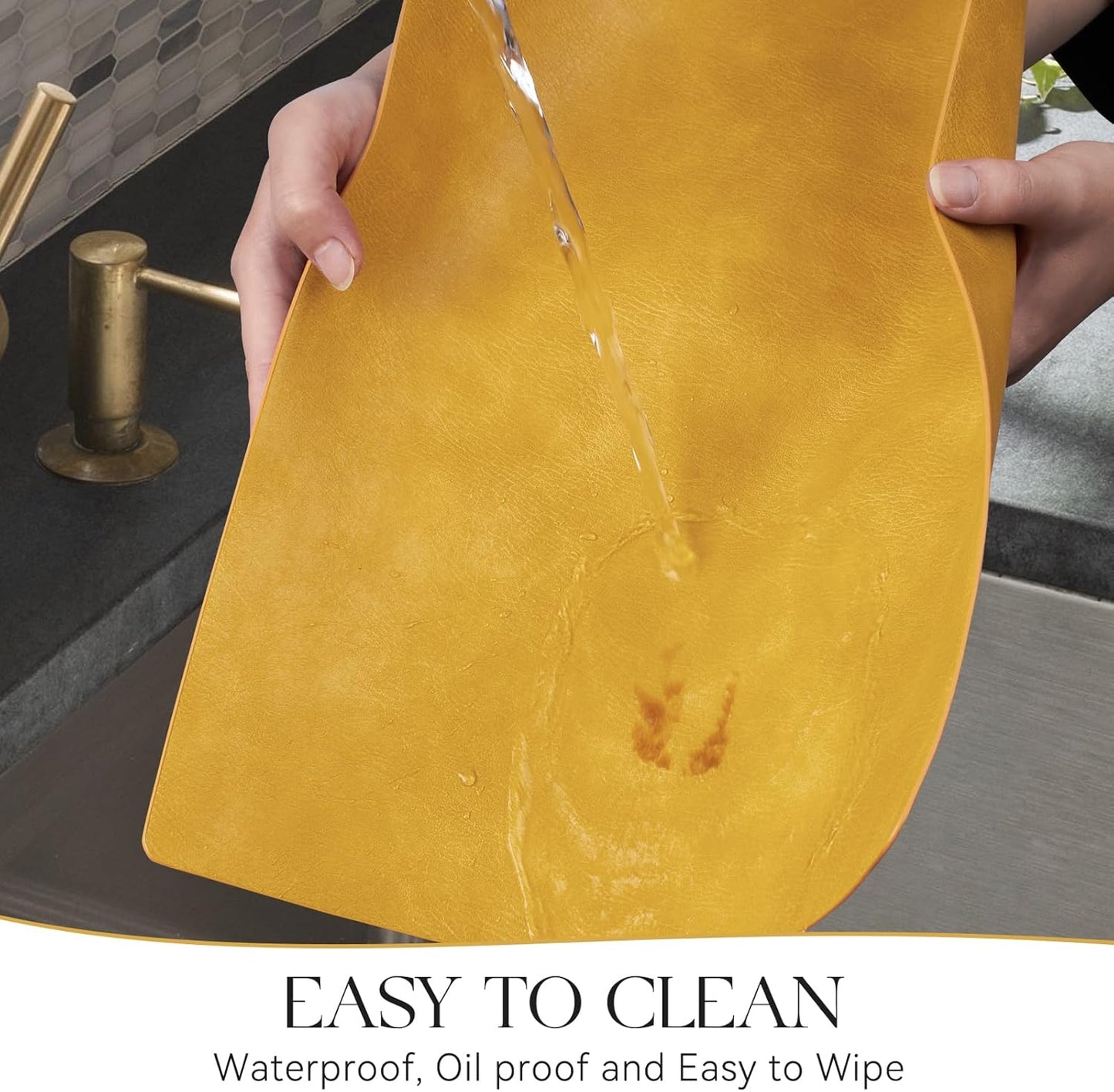 Vinyl Placemats Set of 4-12 X 17 Inch - Faux Leather 100% Waterproof Oil-Proof Wipeable PU Place Mats, Heat Resistant Reversible Table Mats for Kitchen, Dining, Outdoor, Yellow