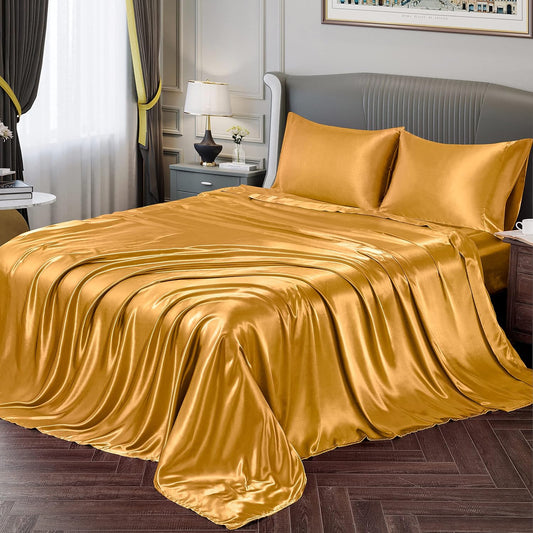 Vonty Satin Sheets Queen Silky Soft Satin Bed Sheets Yellow Gold Sheet Set, 1 Deep Pocket Fitted Sheet + 1 Flat Sheet + 2 Pillowcases