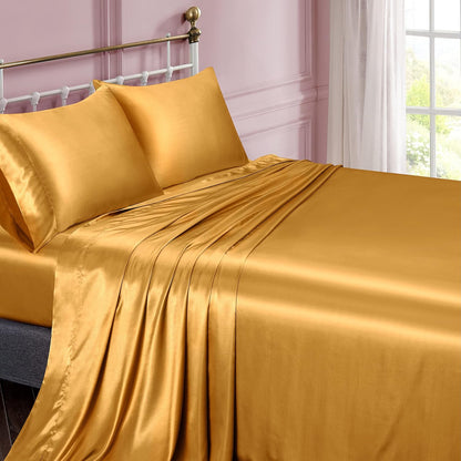 Vonty Satin Sheets Queen Silky Soft Satin Bed Sheets Yellow Gold Sheet Set, 1 Deep Pocket Fitted Sheet + 1 Flat Sheet + 2 Pillowcases