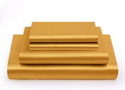 Vonty Satin Sheets Queen Silky Soft Satin Bed Sheets Yellow Gold Sheet Set, 1 Deep Pocket Fitted Sheet + 1 Flat Sheet + 2 Pillowcases
