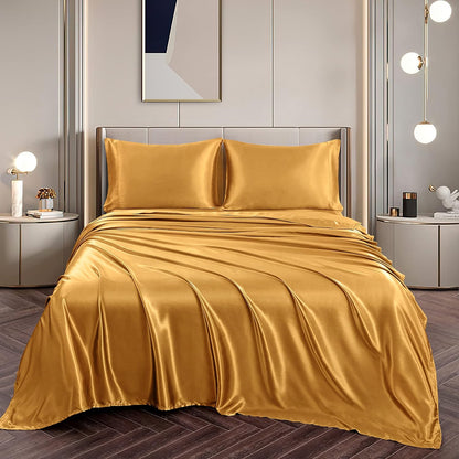 Vonty Satin Sheets Queen Silky Soft Satin Bed Sheets Yellow Gold Sheet Set, 1 Deep Pocket Fitted Sheet + 1 Flat Sheet + 2 Pillowcases